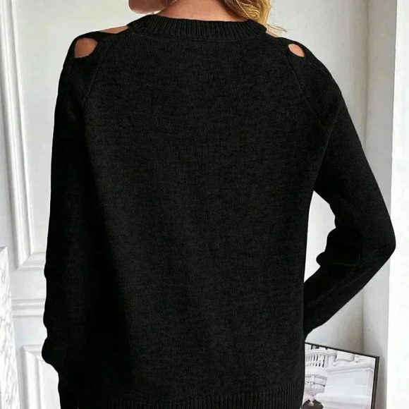 Black Casual Womens Cut Out Raglan Sleeve Crisscross Sweater - Picture 3 of 5